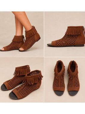 Aldo Fringe Cuff Laser Cut Suede Flat Sandals Cognac Brown Boho Women's Size 9